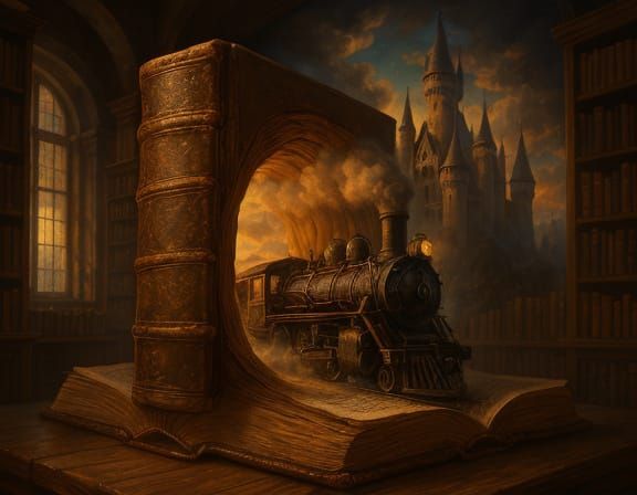 Vintage Train Bursts From Book in Detailed Oil Painting