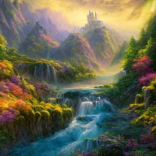Ethereal Fantasy Landscape Painting with Castles and Waterfa...