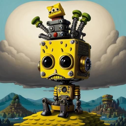 Steampunk Robot on Hill, Pop Surrealism Style
