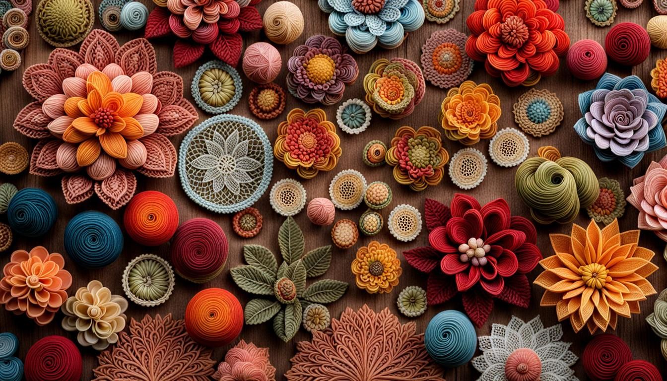 Hand-Sewn Lace Vegetables on Wood in Hyper-Real Style