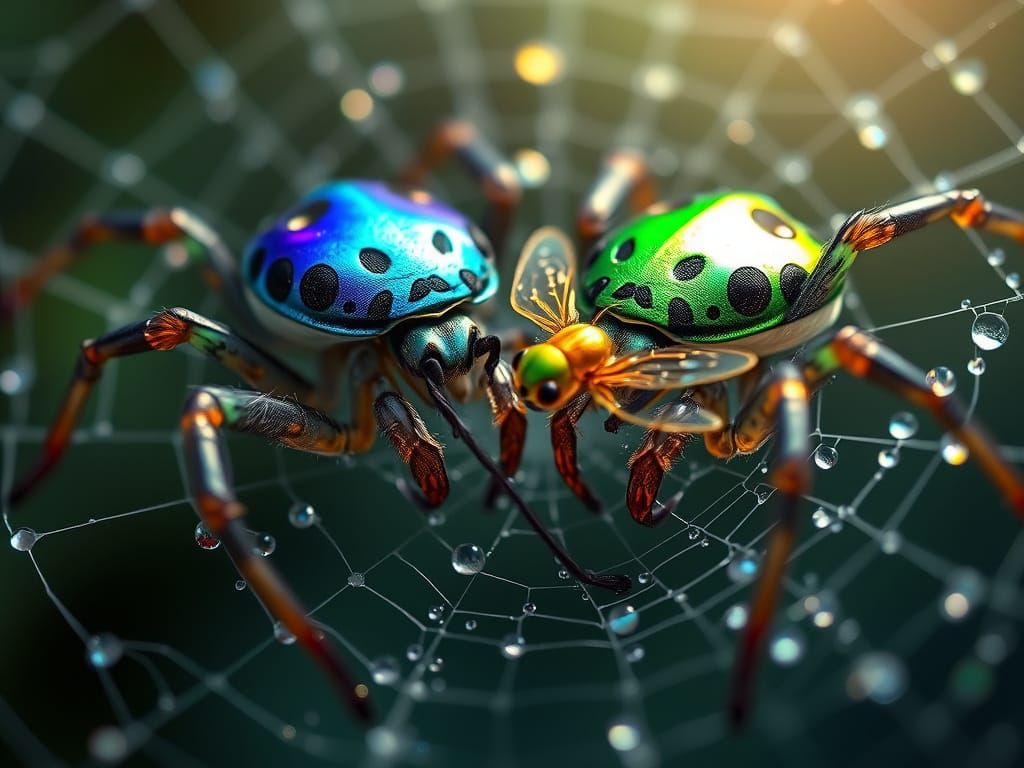 Pixar-Inspired Spiders Feast on Golden Fly in Iridescent Web