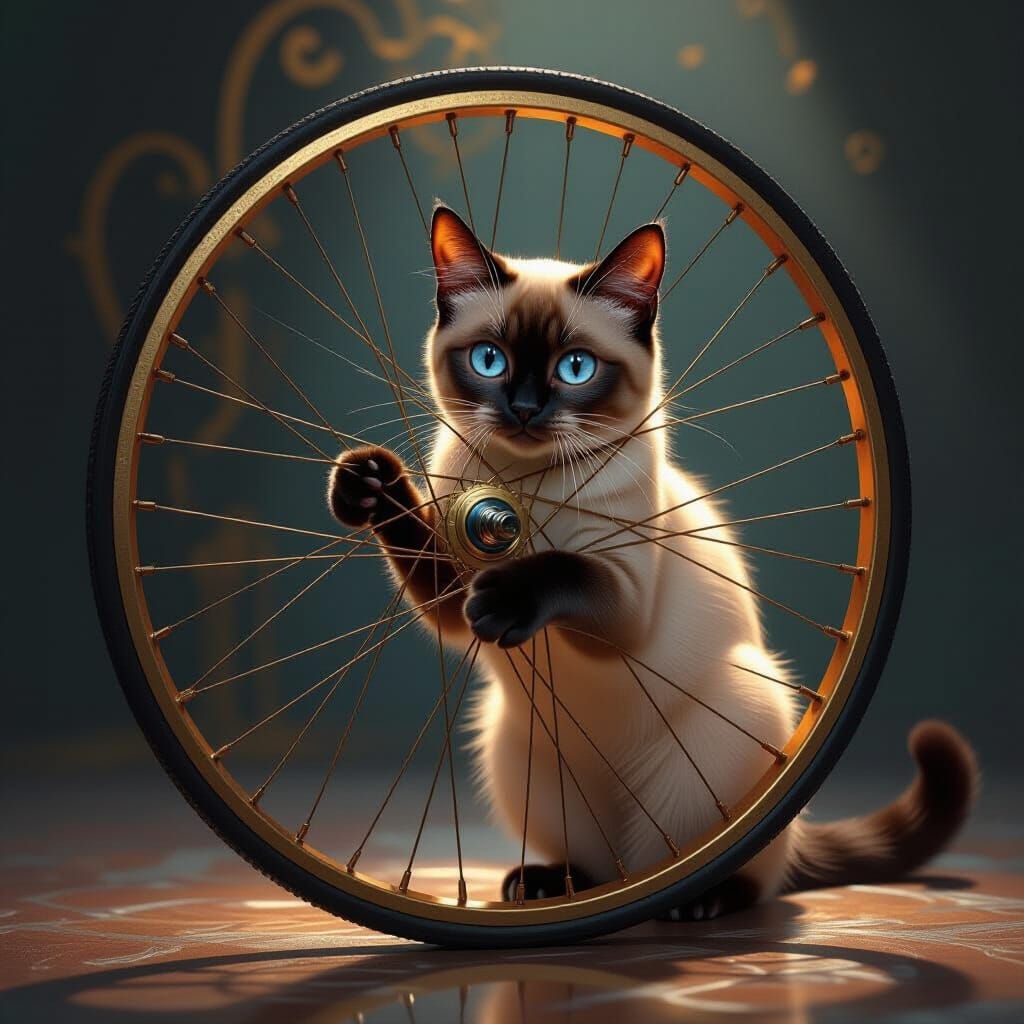 Siamese Cat Trapped in Intricate Golden Bicycle Wheel