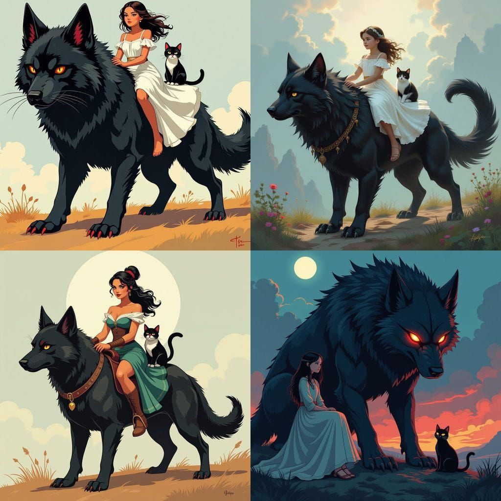 Girl and Cat Ride a Handsome Hellhound