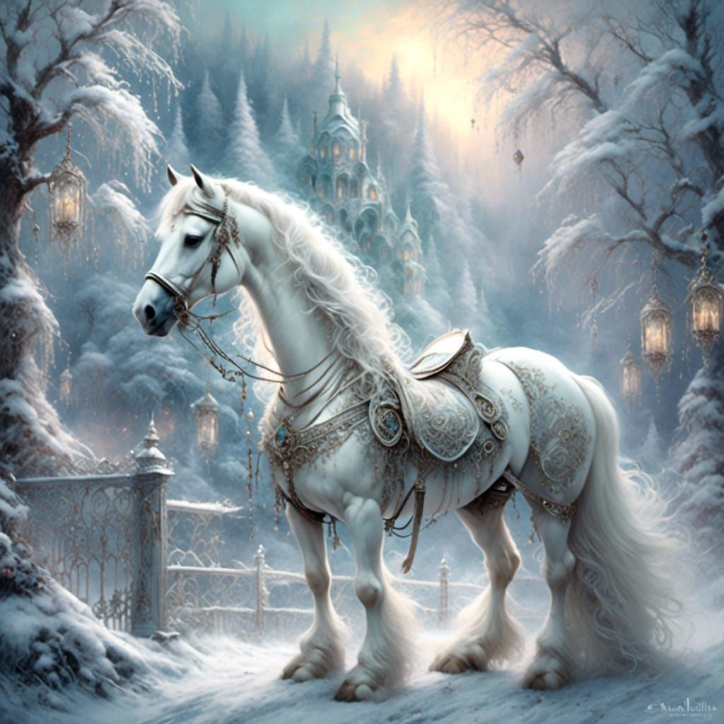 White Clydesdale Horse in Enchanting Winter Scene