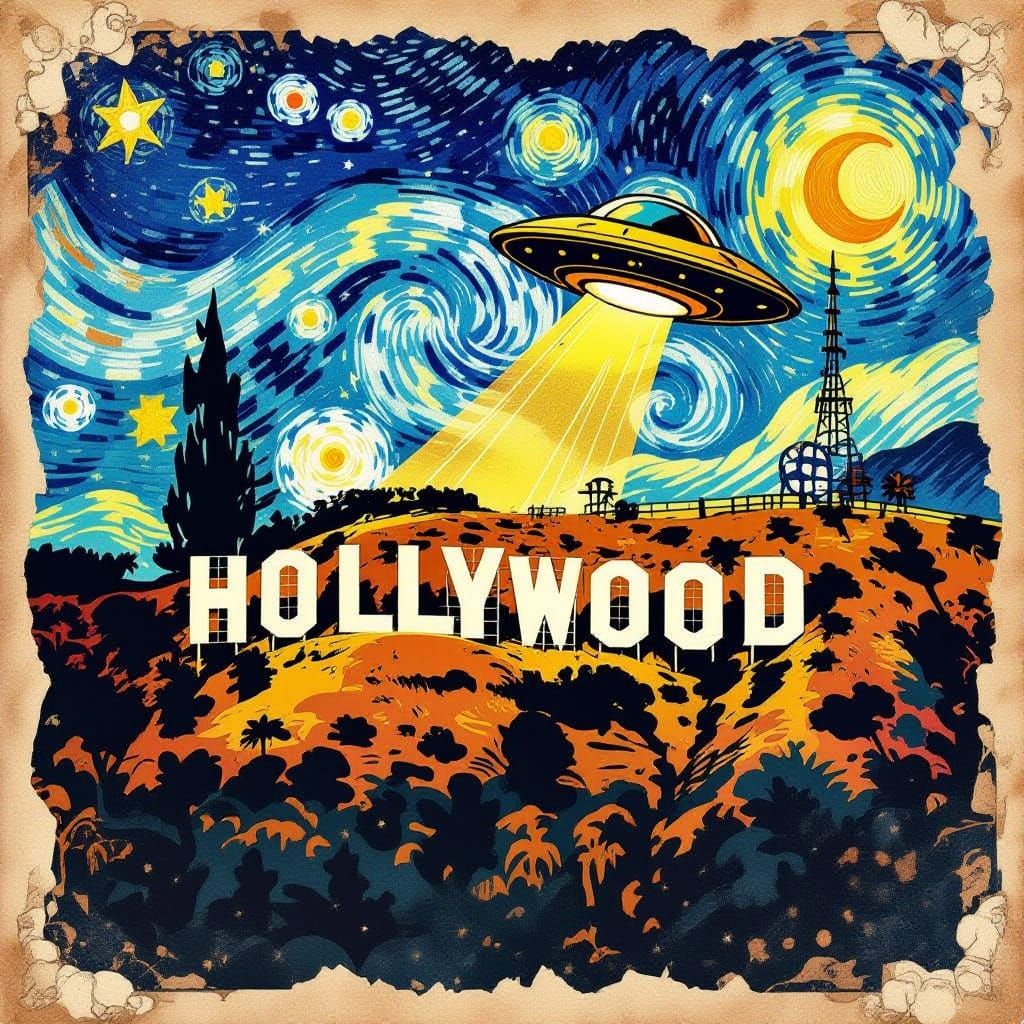 Golden Age Hollywood Sign Under Starry Night Sky