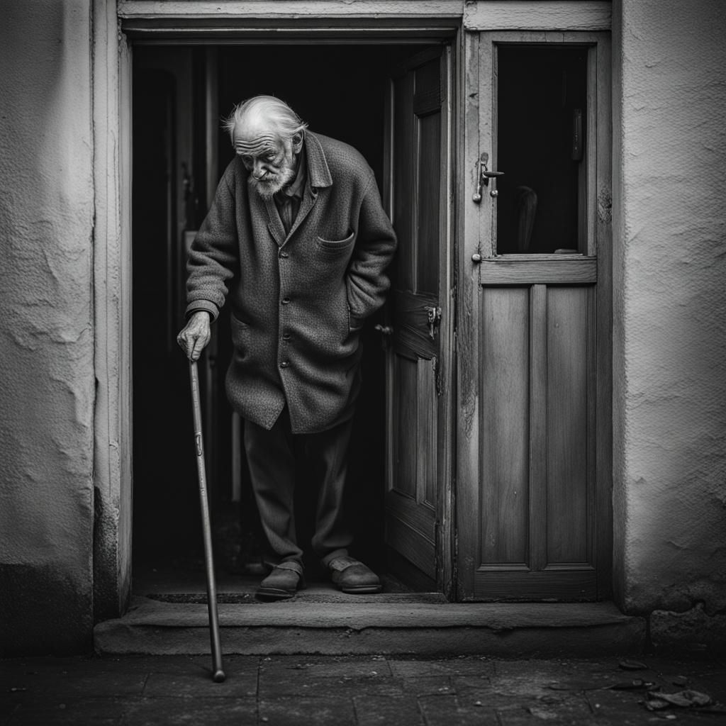 Pencil Drawing: Old Man Opens Door