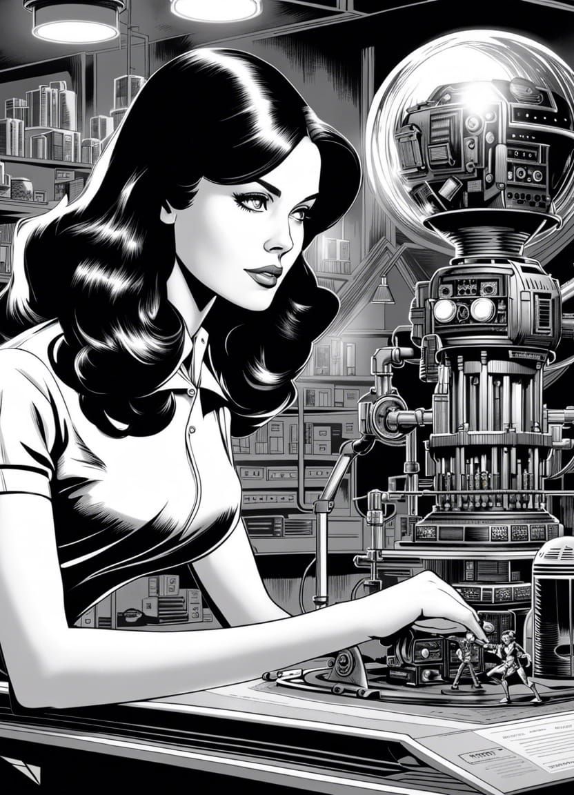 Scientist and Robot in 60s Sci-Fi Comic Style