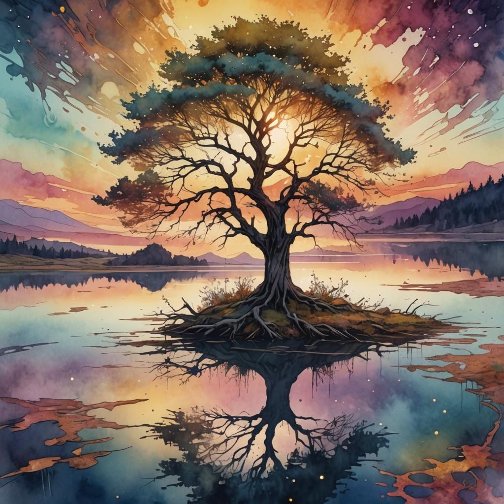 Lone Tree at Sunset: Digital Watercolor Illustration