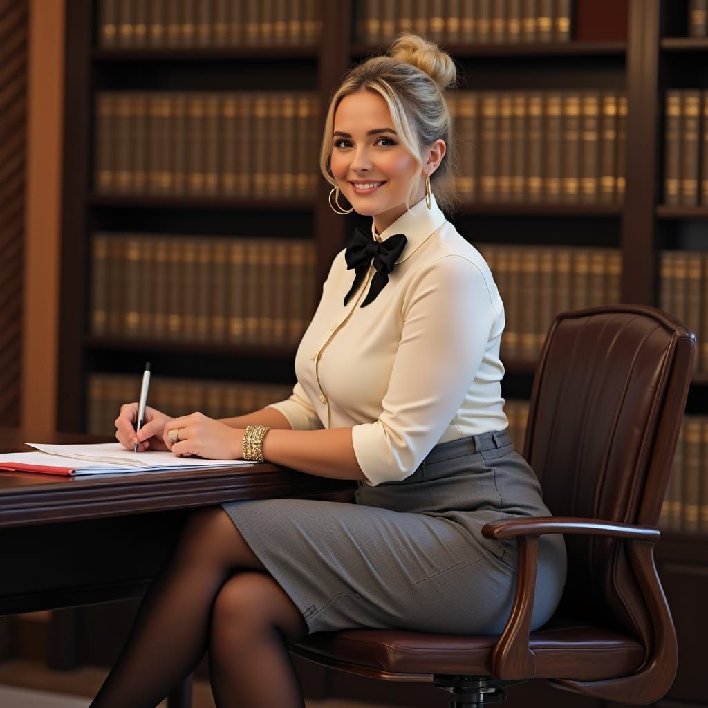Nordic News Reporter at Desk in Elegant Library at Sunset