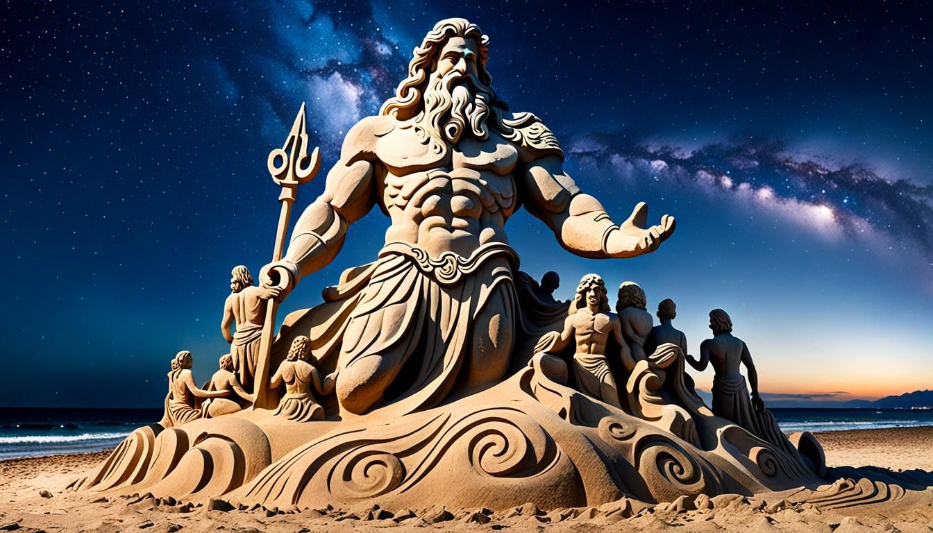 Poseidon Sand Sculpture on a Magical Beach