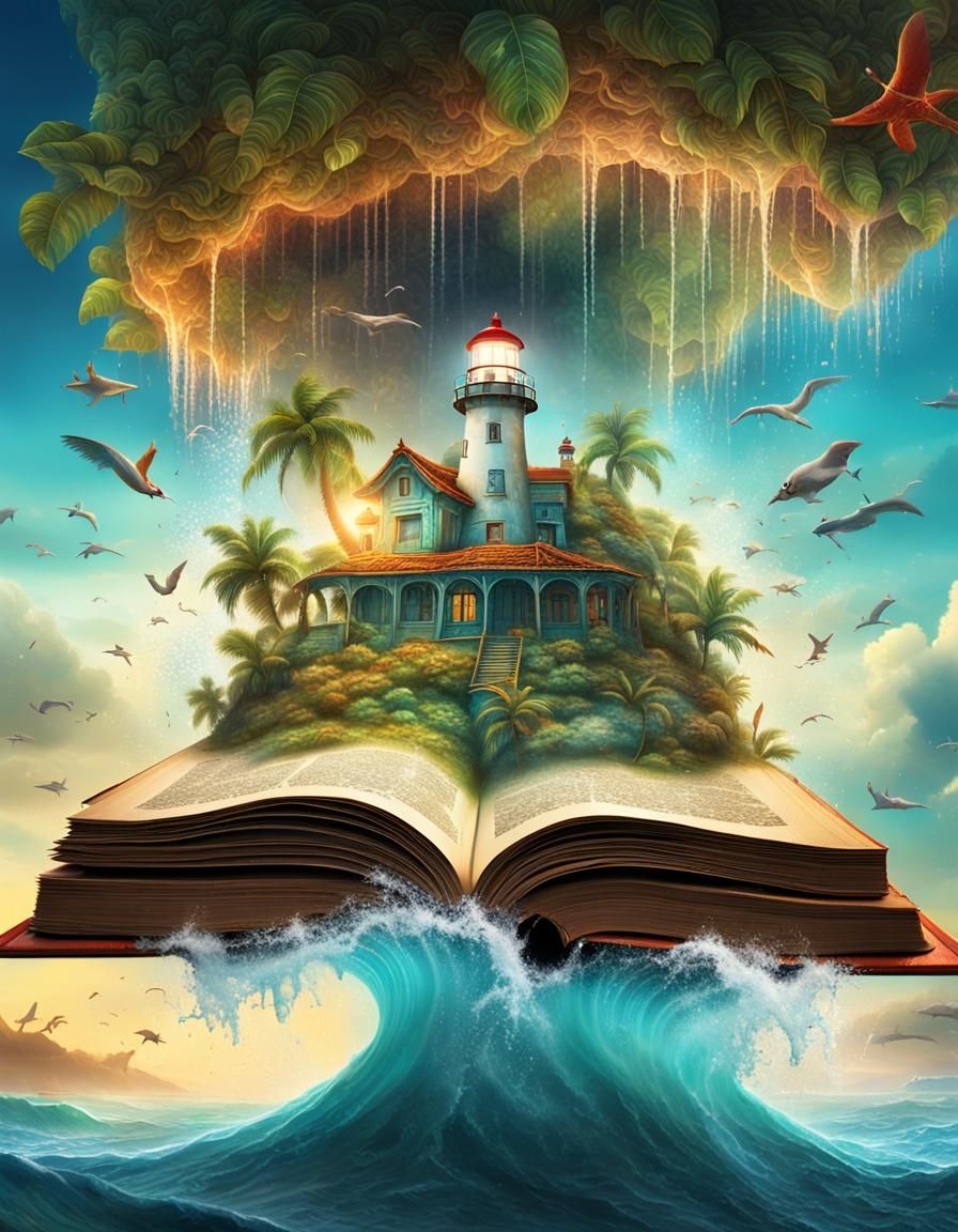 Surreal Tropical Beach Scene in Open Book