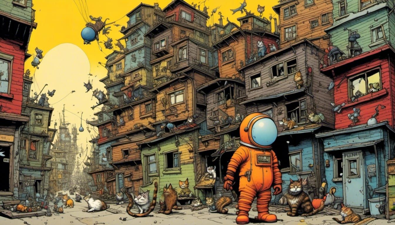 Dystopian Slum Scene with Hazmat Suits and Cats