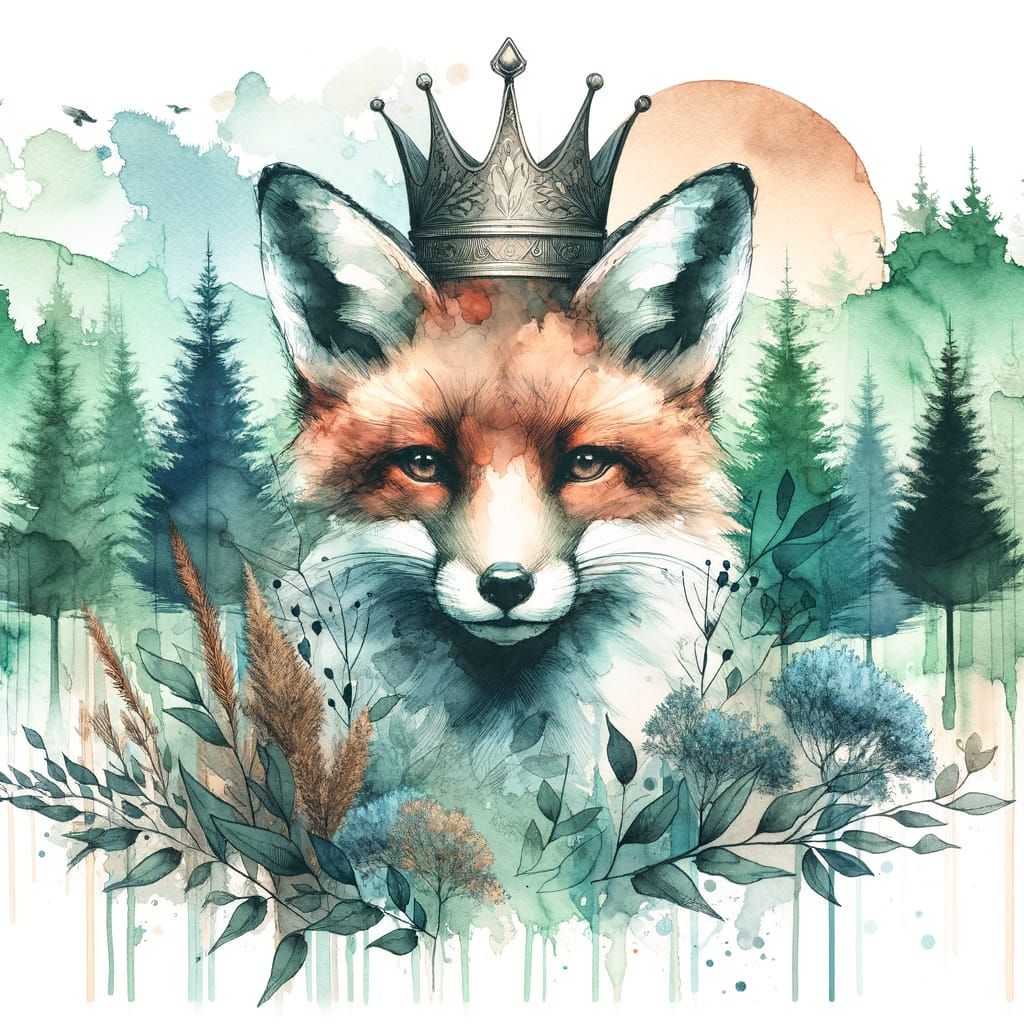 Whimsical Fox Portrait in Watercolor Pastels with Forest Bac...