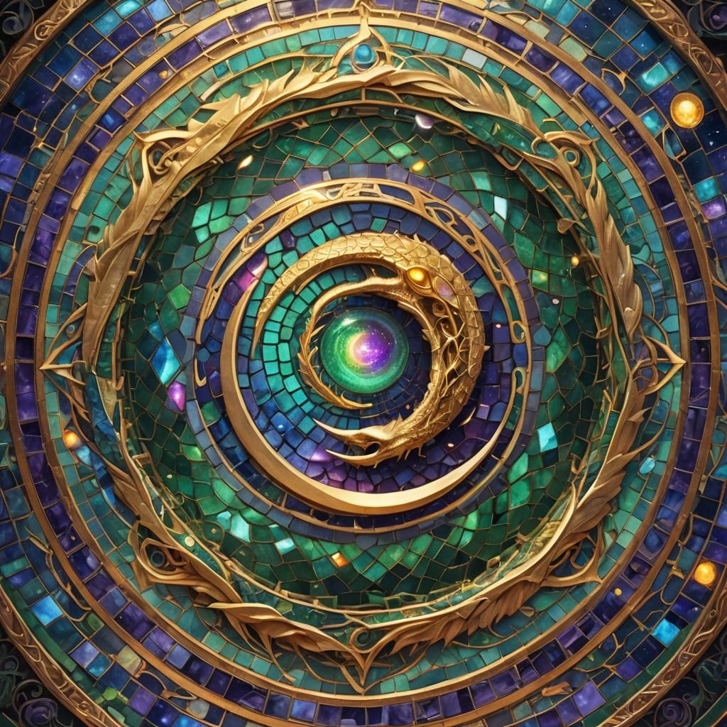 Ouroboros and Moon in Mystical Mosaic Art