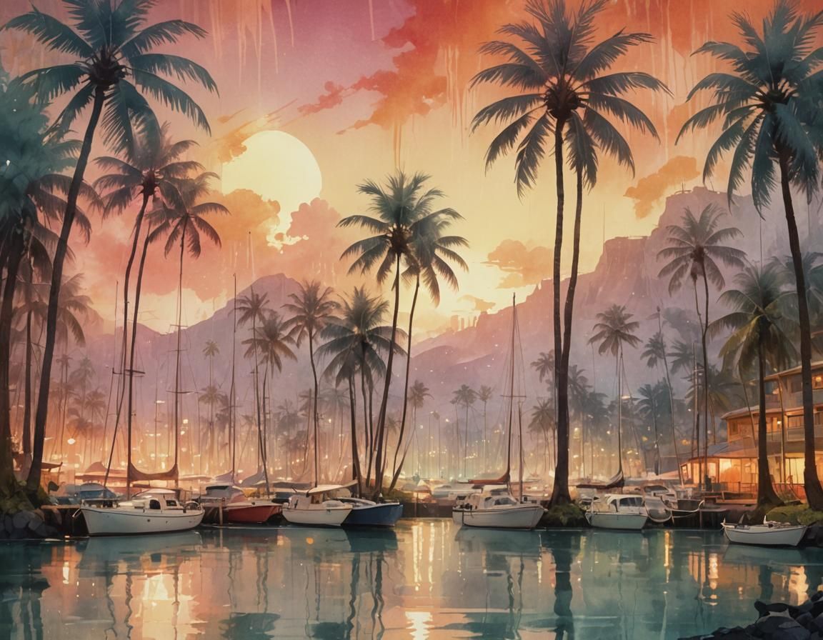 Hawaiian Harbor in Infrared Watercolor, Anime Style