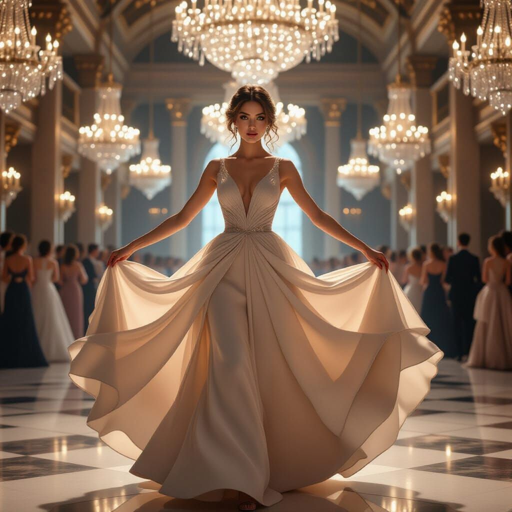 Ballroom Dancer in Flowing Gown, Hyper-Realistic Detail