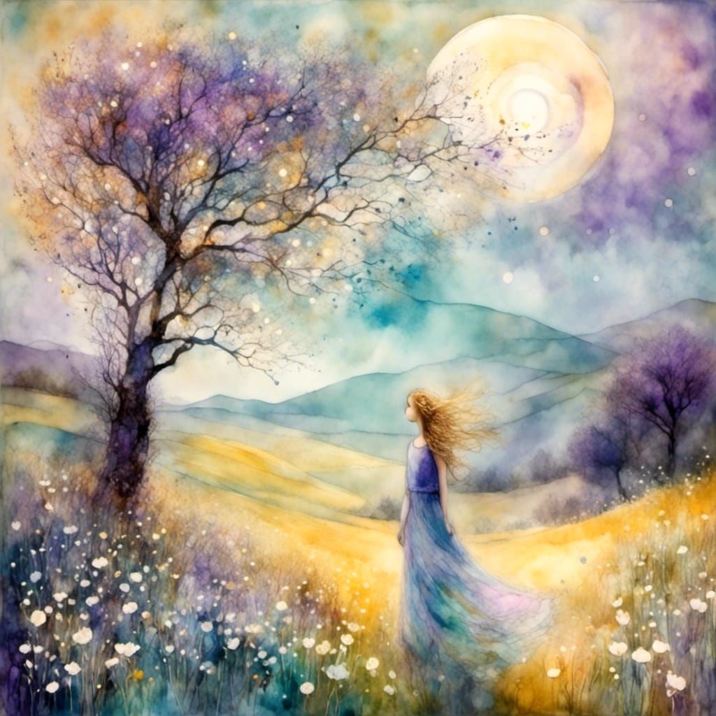 Ethereal Dreamscape: Woman in Field Under Moon