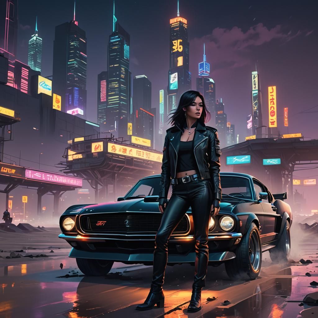 Cyberpunk Woman on Classic Car at Night