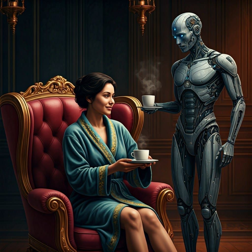 Serene Woman and Android Share Coffee