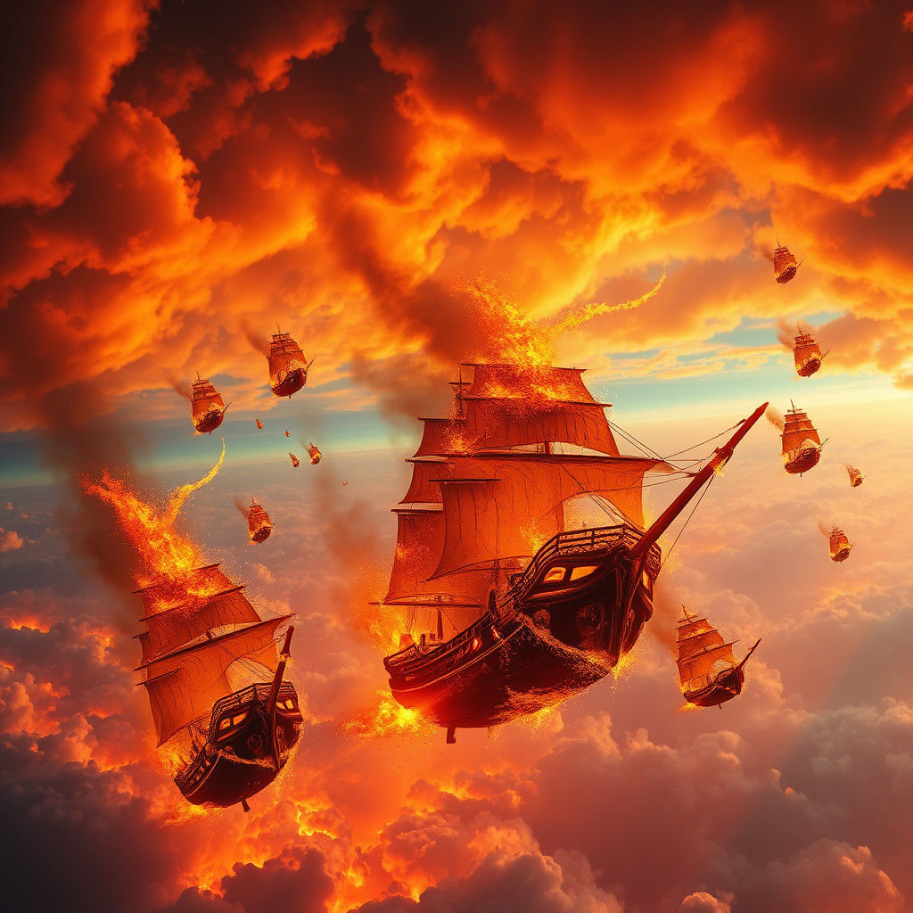 Burning Ships in Fiery Autumn Sky