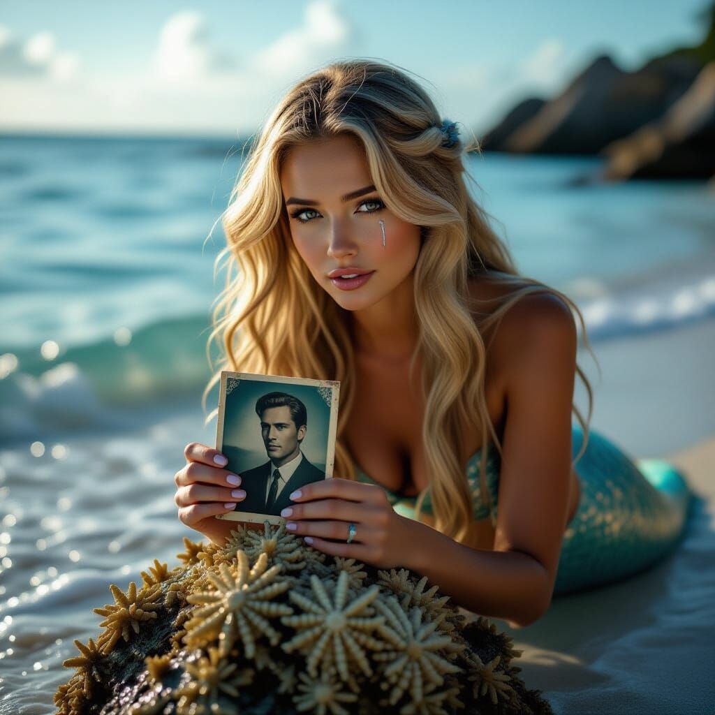 Mermaid Holding Photo of Lost Love by the Sea