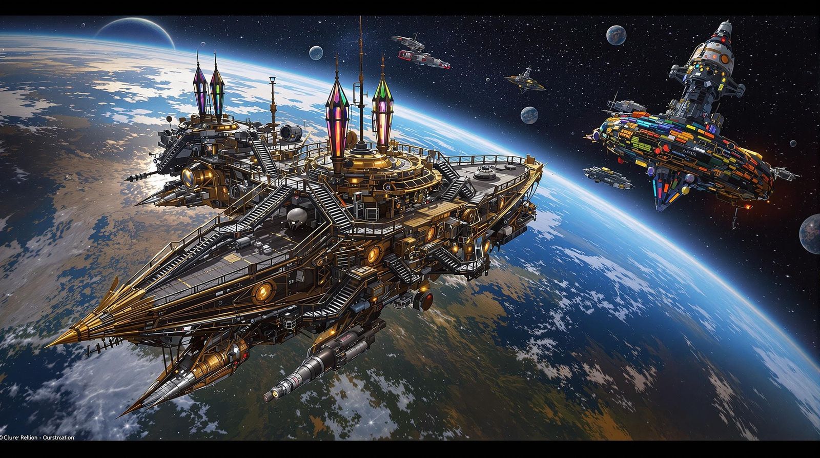 Steampunk Starship Orbits a Colorful Space Station