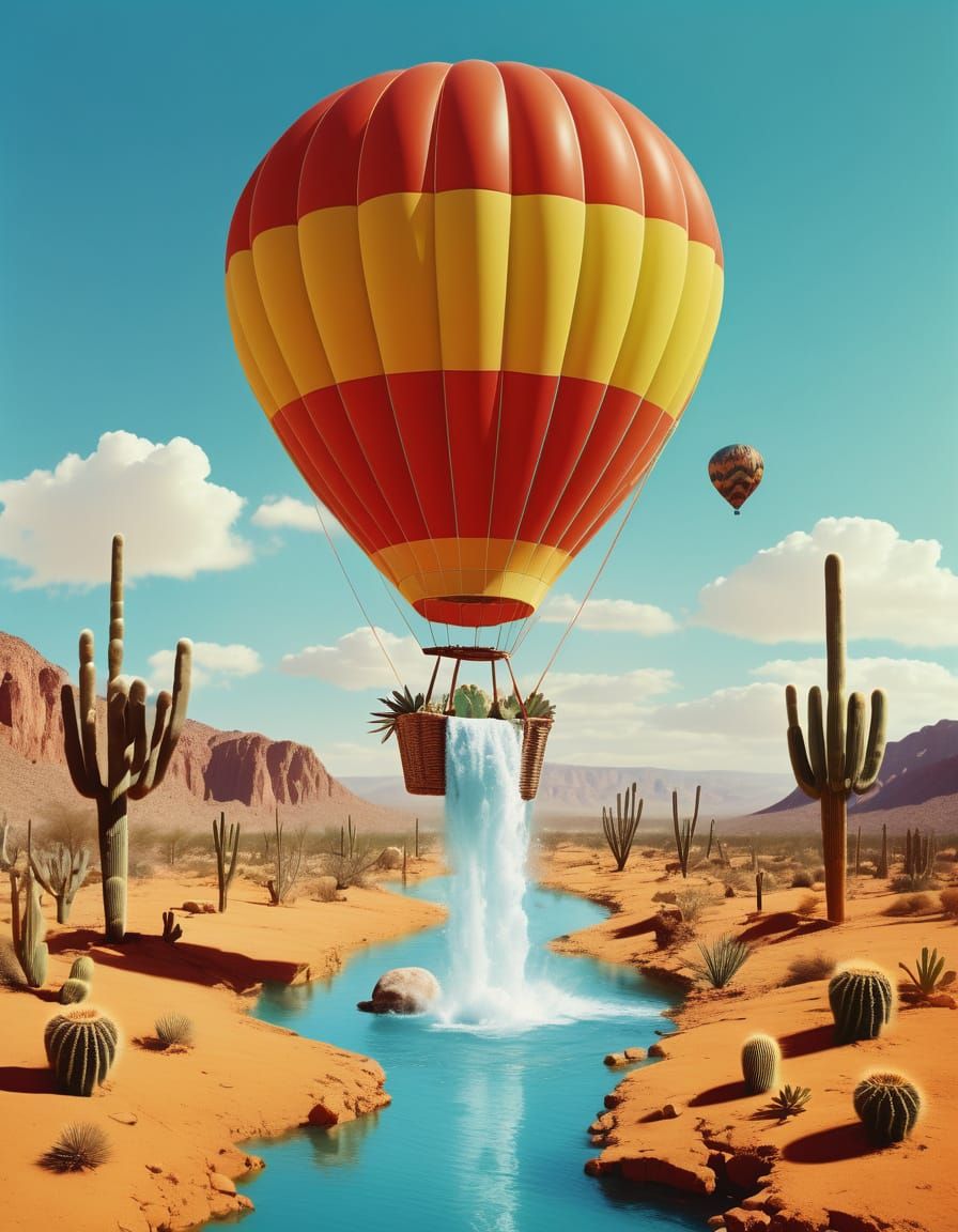 Surreal Waterfall Balloon Over Desert Landscape