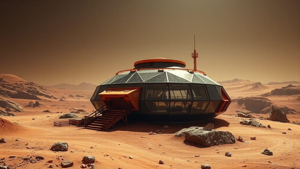 Futuristic Glass Base on Mars Landscape