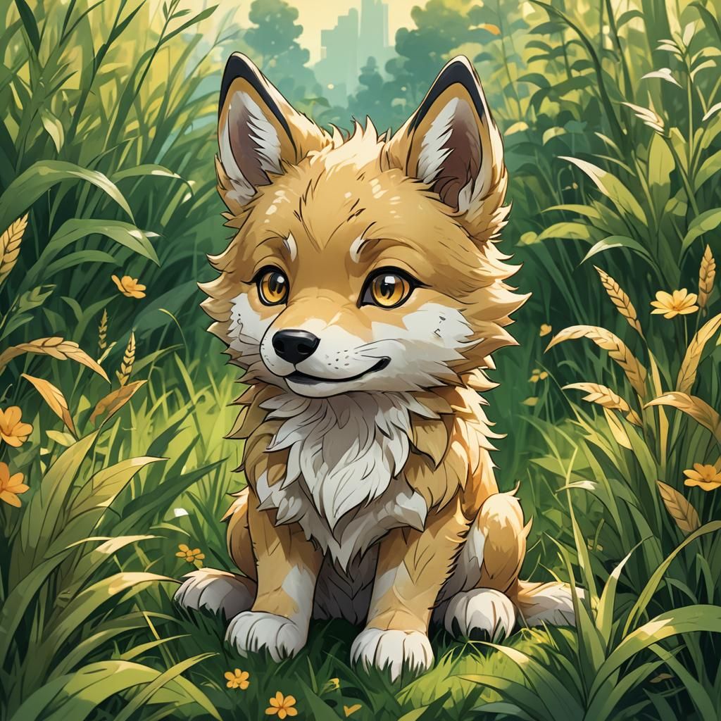 Chibi Grass Wolf in Anime Style Meadow