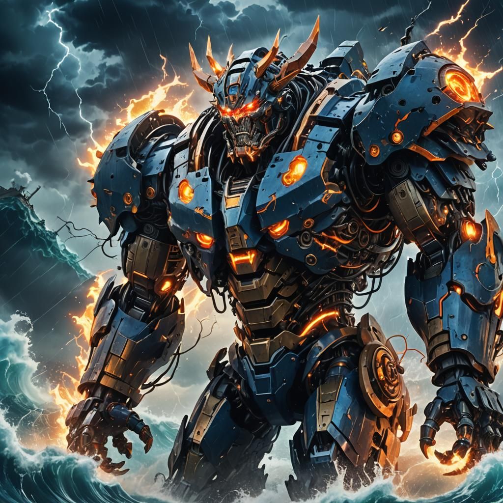 Mechanized Titan Battles Demon in Anime Style