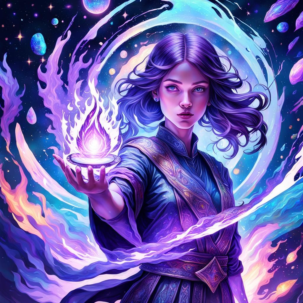 Girl Holding Purple Fire: Cosmic Illustration