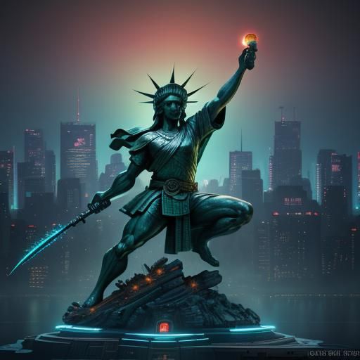 Statue of Liberty Karate in Futuristic Cityscape