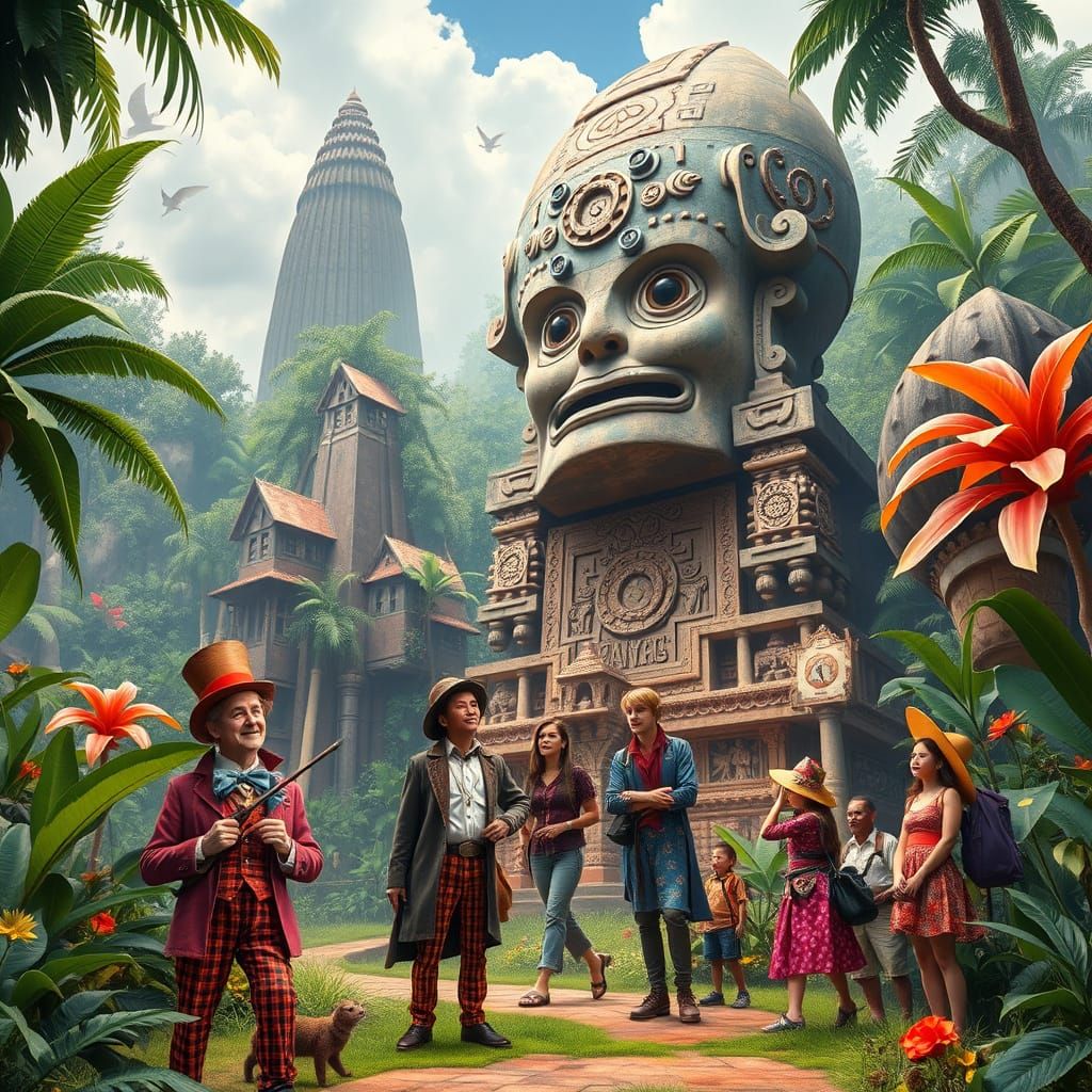 Willy Wonka's Amazon Temple Discovery in Folk Art Style