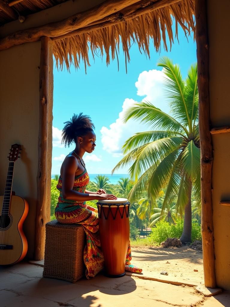 Lenke Woman Playing Djembe in Earthy African Scene