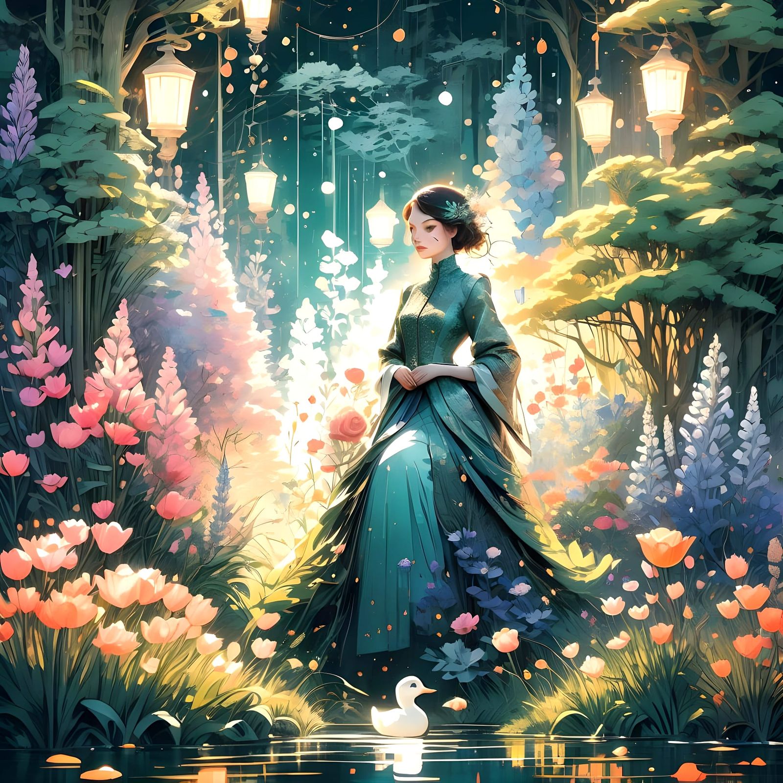 Midnight English Garden in Vibrant Colors and Whimsical Deta...