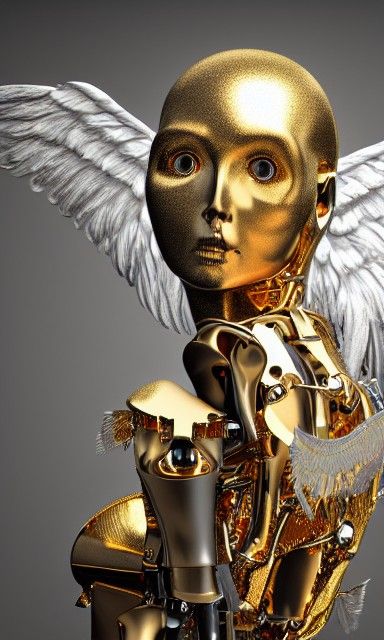 Angelic Cyborg with Gold Face and Wings