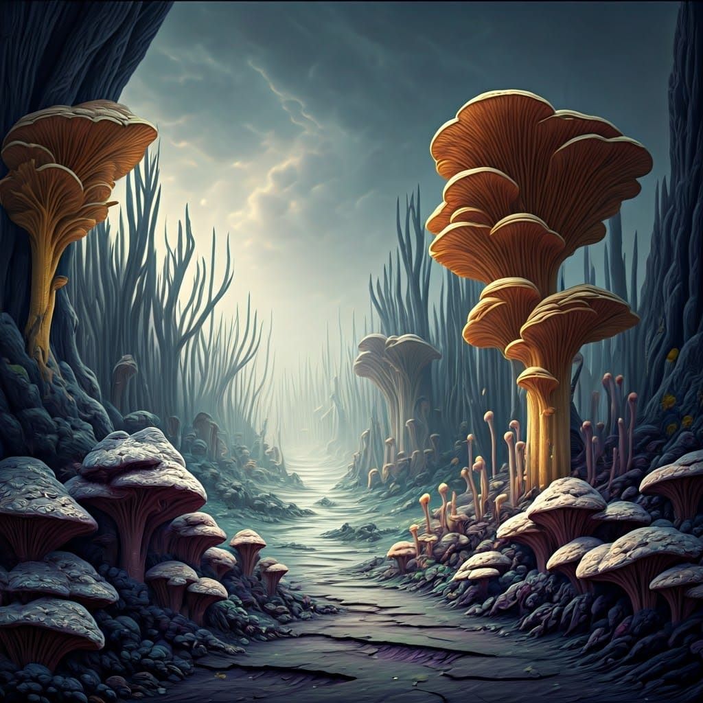 Sombre Fantasy Landscape with Fungal Growths