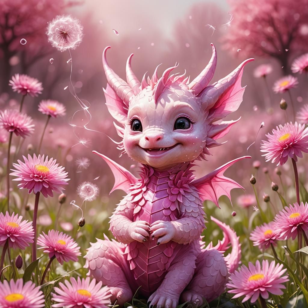 Pink Dragon Girl Making Wish in Dandelion Field