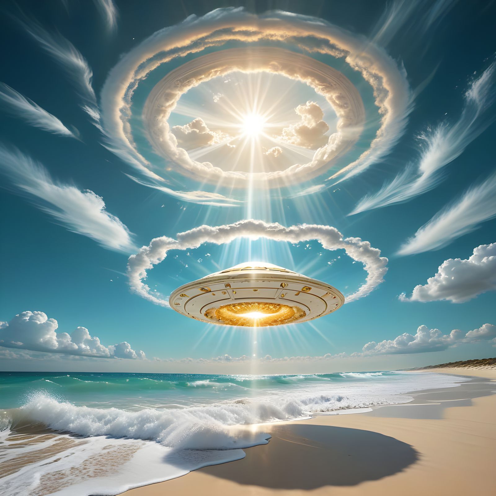 UFO Emerges from Celestial Portal in Ethereal Landscape