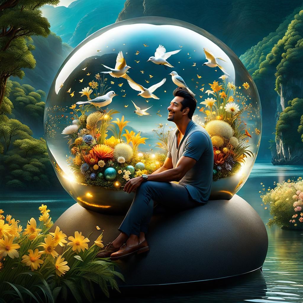 Man in Sphere with Luminous Creatures, Detailed Render