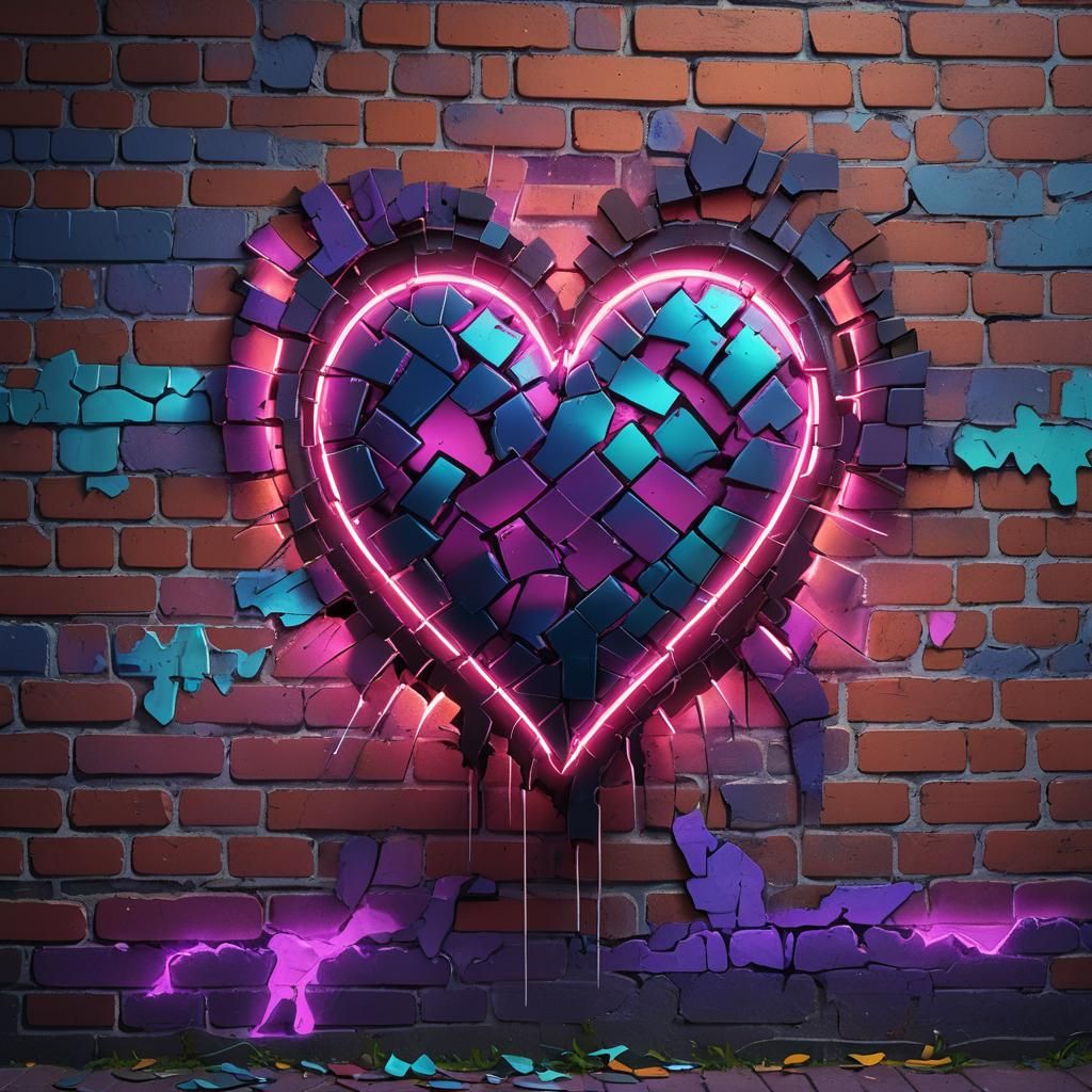 Shattered Neon Heart Graffiti on Brick Wall
