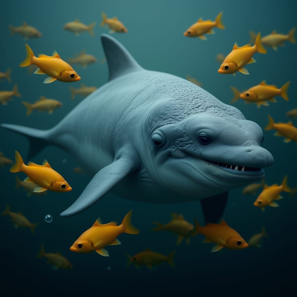 Smiling Whale with Golden Fish in Studio Lighting