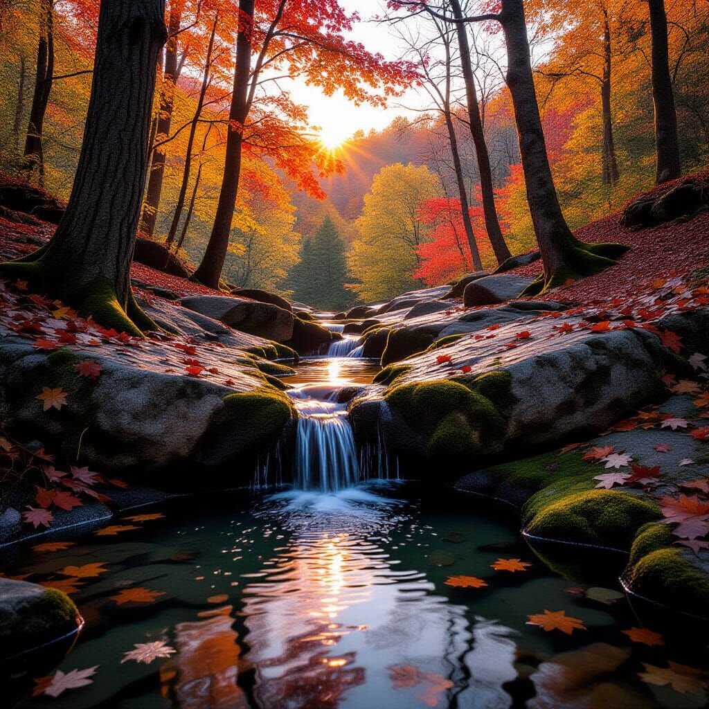 Autumn Pool With Vibrant Foliage Under Sunset Light
