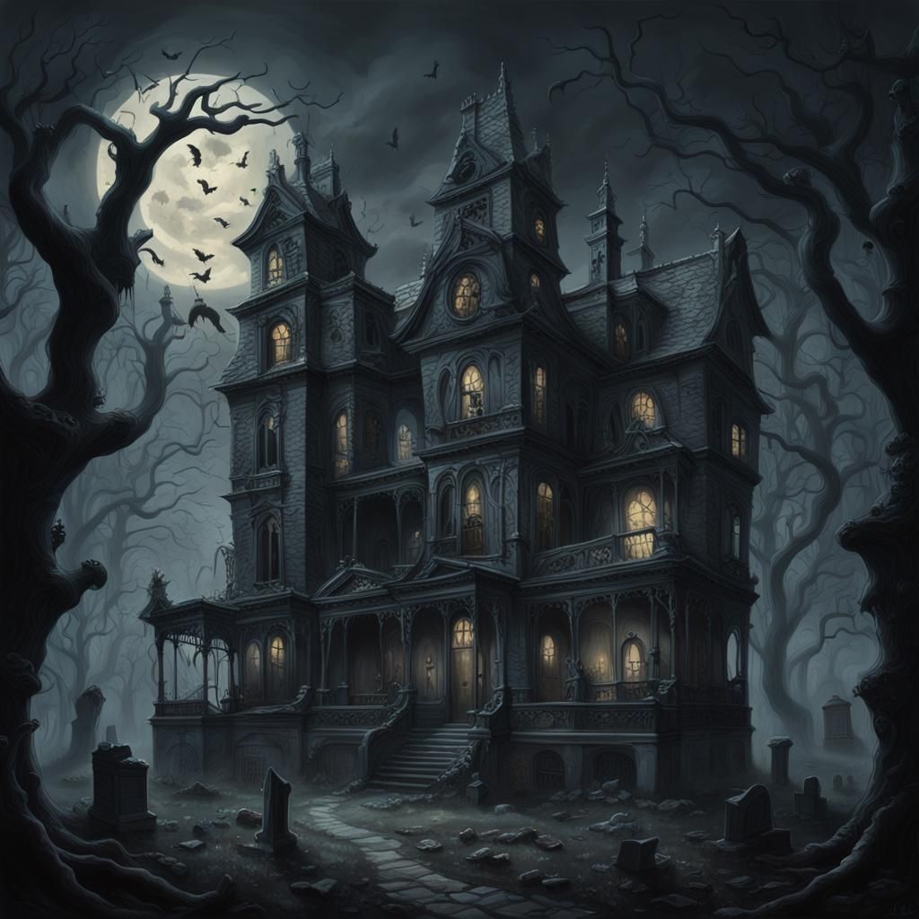 Creepy Haunted Mansion at Midnight in Surrealist Style