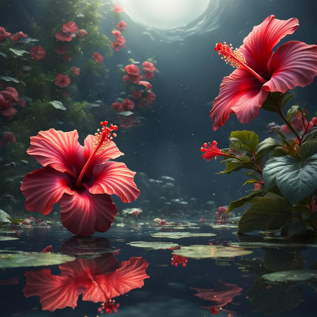 Hibiscus Flower in Pond: Detailed Fantasy Concept Art