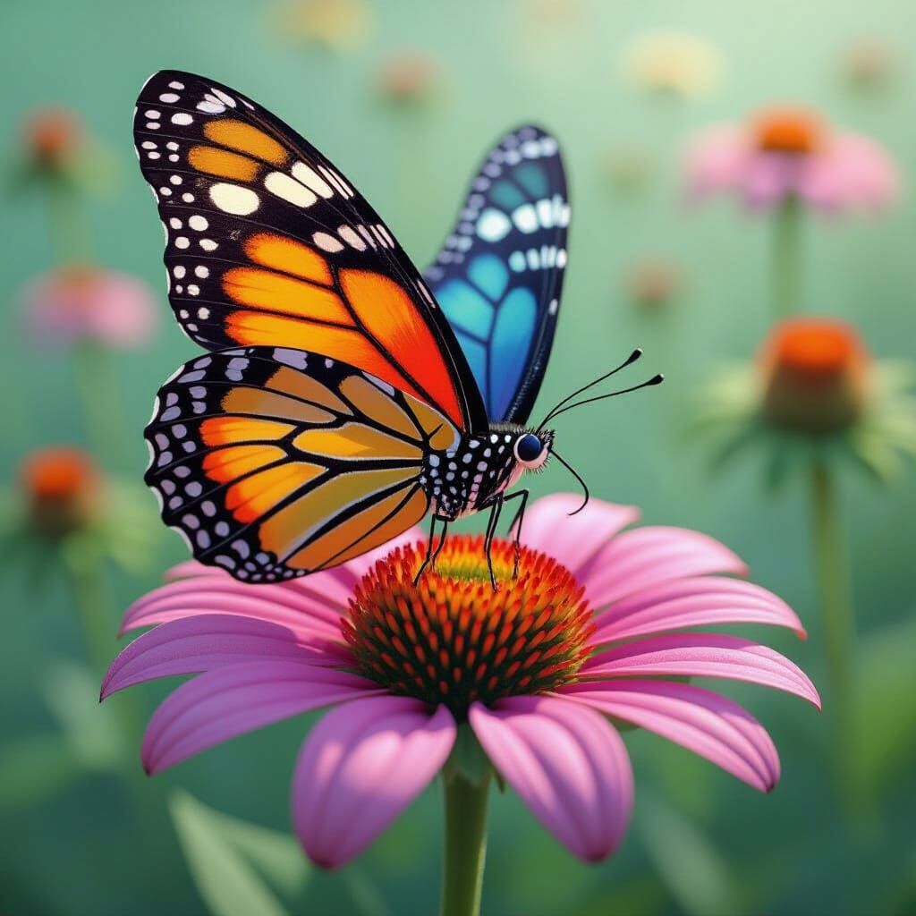 Vibrant Butterfly on Flower, Playful Art Style