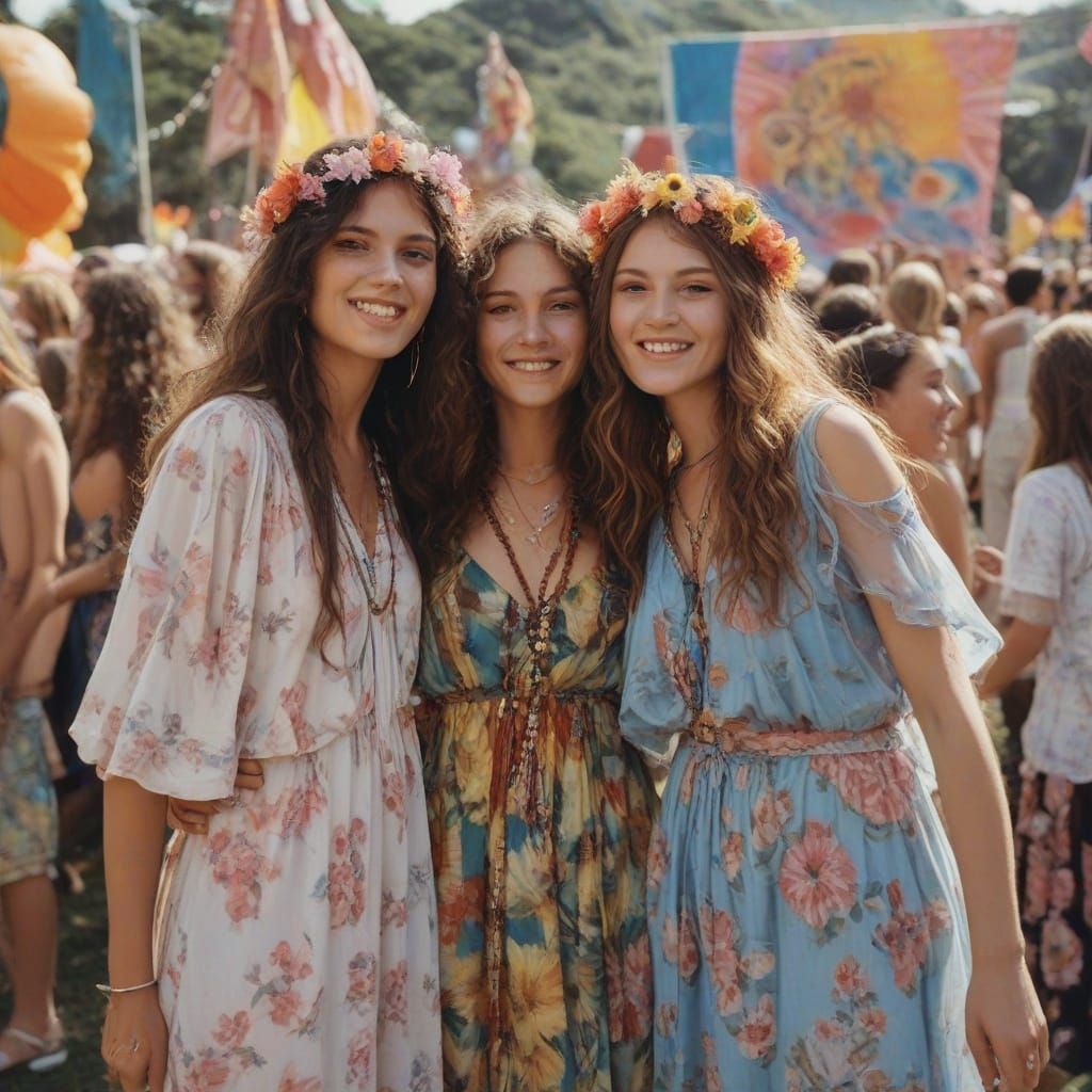 Free-Spirited Hippie Girls Dance at 1970s Music Festival in ...