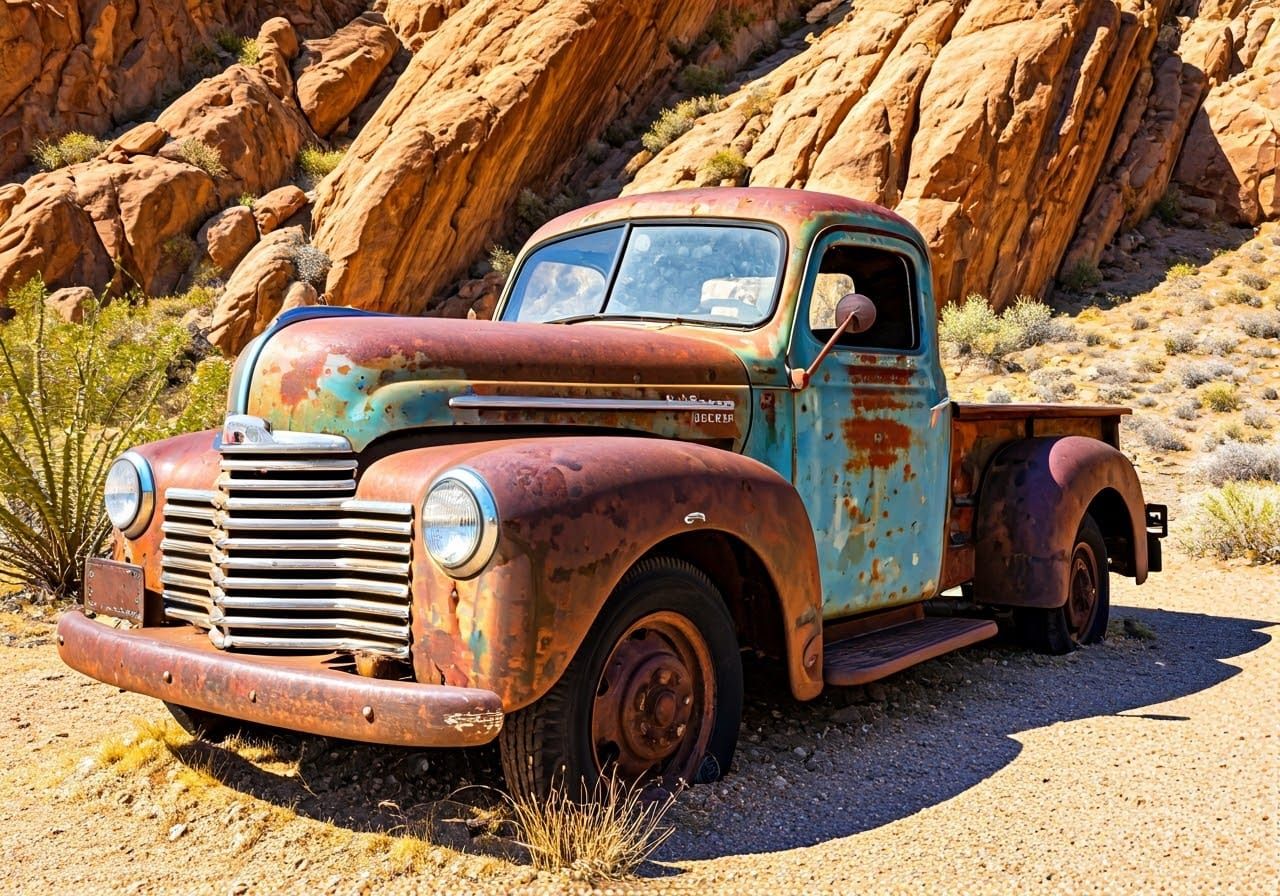 Weathered Pickup Truck in Desert Landscape