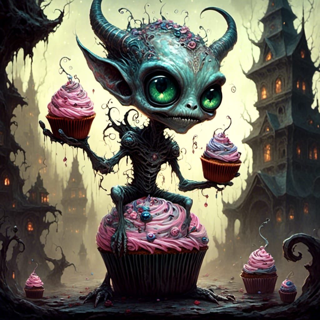Cute and Creepy Chibi Alien Demon with Cupcake