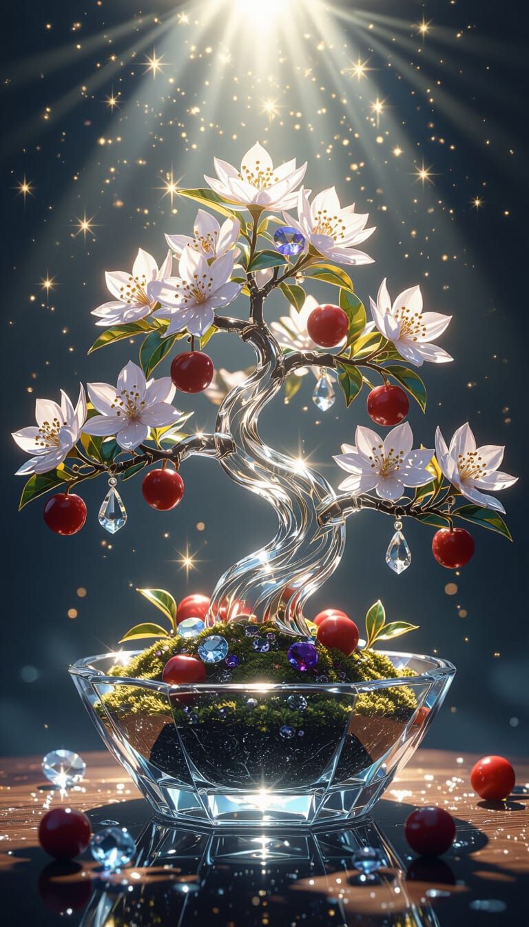 Crystal Bonsai Tree with Gemstone Flora in Cinematic Light